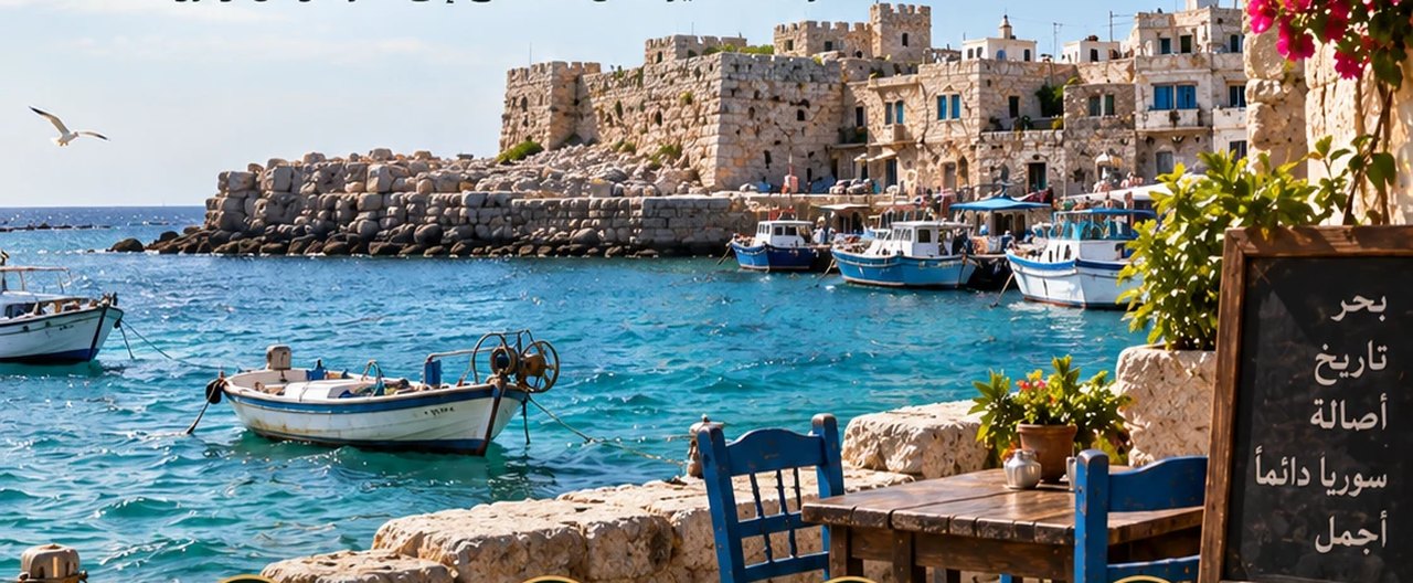 جزيرة أرواد — مرفأ وقوارب على البحر الفيروزي