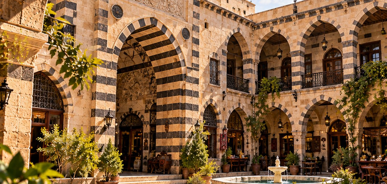ساحة خان الوزير المقنطرة بحجارتها الأبلق — حلب القديمة
